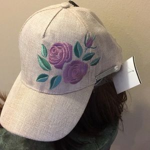 bebe Shimmery Linen Embroidered Roses Adjustab Hat